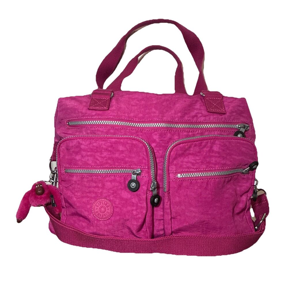 Kipling Shoulder Bag Large Pink Nylon Multi-Pocket Casual Travel Gorilla Monkey